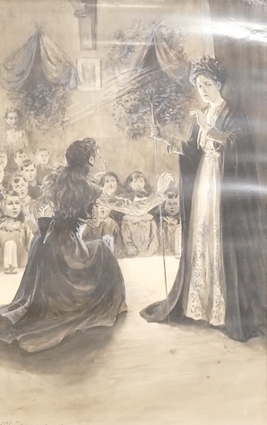 William Henry Charles Groome (act.1881-1914), Figures on stage, signed lower left, en grisaille watercolour, 31 x 20cm